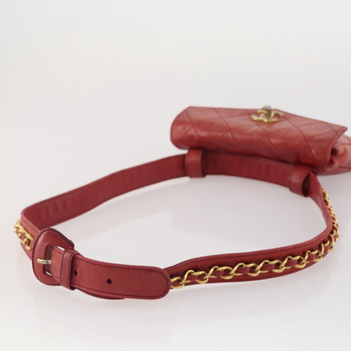 CHANEL Matelasse Waist Bag Leather Red Gold Tone CC Auth 205887