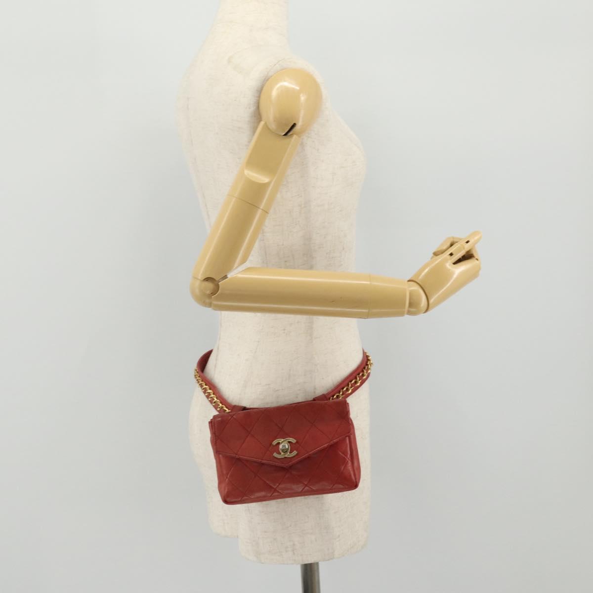 CHANEL Matelasse Waist Bag Leather Red Gold Tone CC Auth 205887