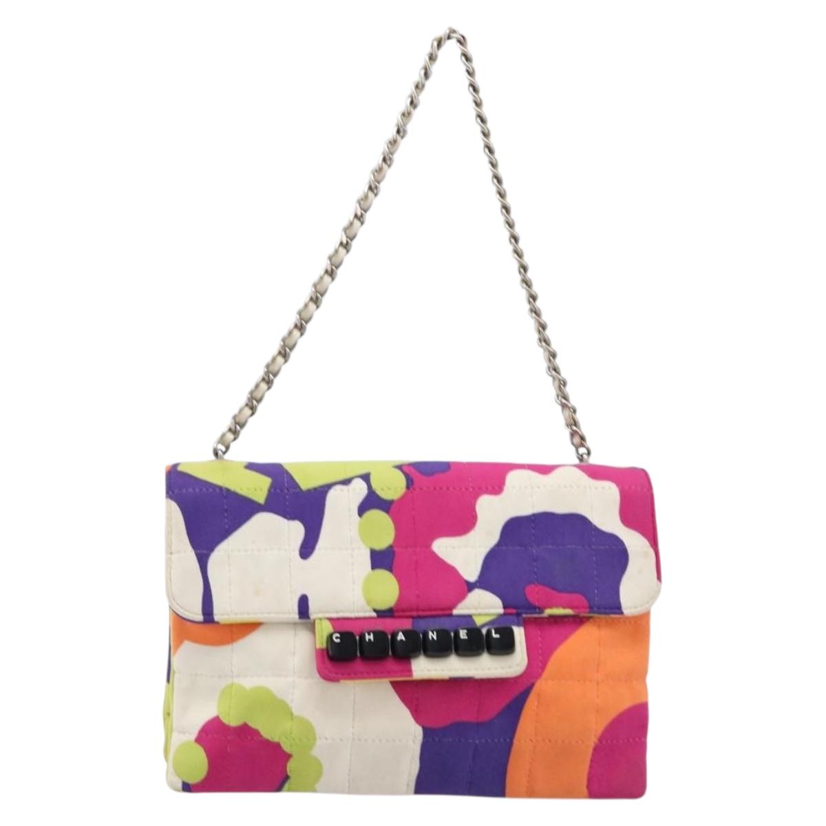 CHANEL Choco Bar Chain Shoulder Bag Cotton Multicolor Silver CC Auth 205888A