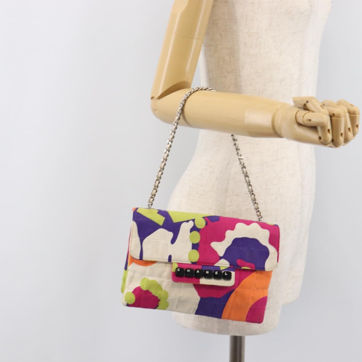 CHANEL Choco Bar Chain Shoulder Bag Cotton Multicolor Silver CC Auth 205888A