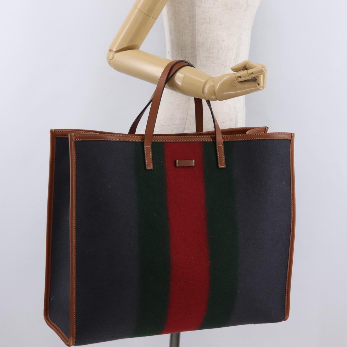 GUCCI Web Sherry Line Hand Bag Wool Gray Silver 295266 Auth 205906V