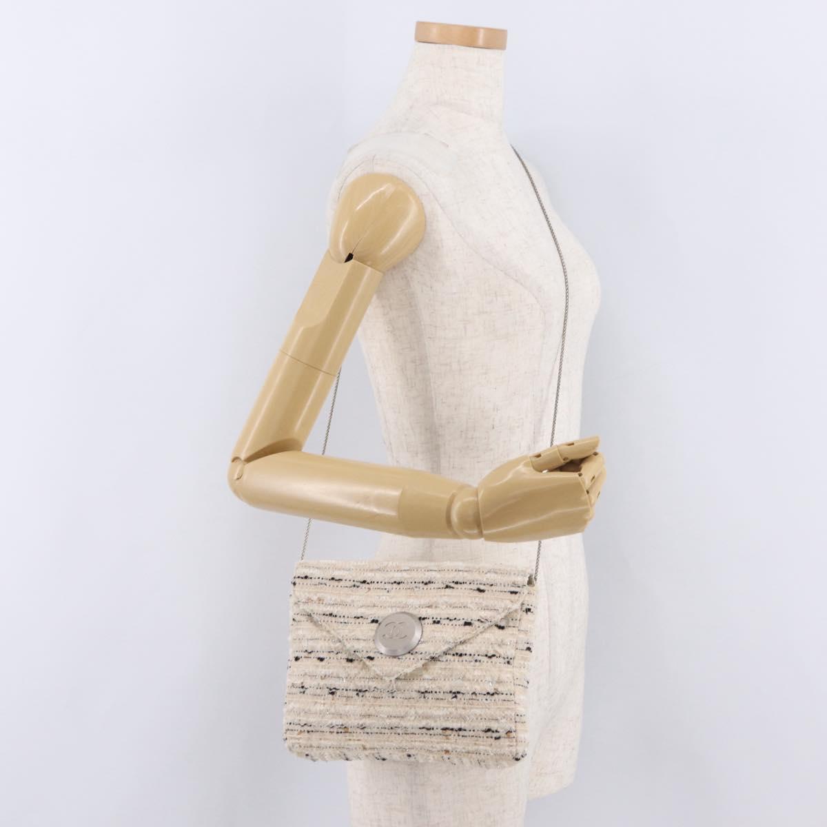 CHANEL Chain Shoulder Bag Tweed White Silver CC Auth 205917V