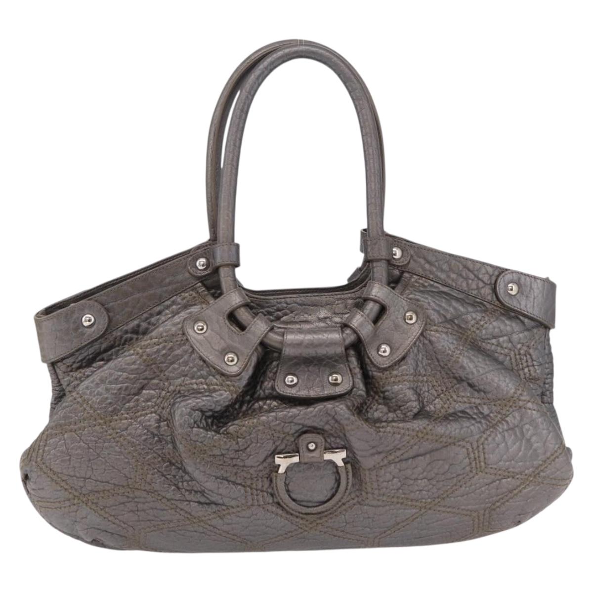 Salvatore Ferragamo Gancini Hand Bag Leather Silver Auth 205933V