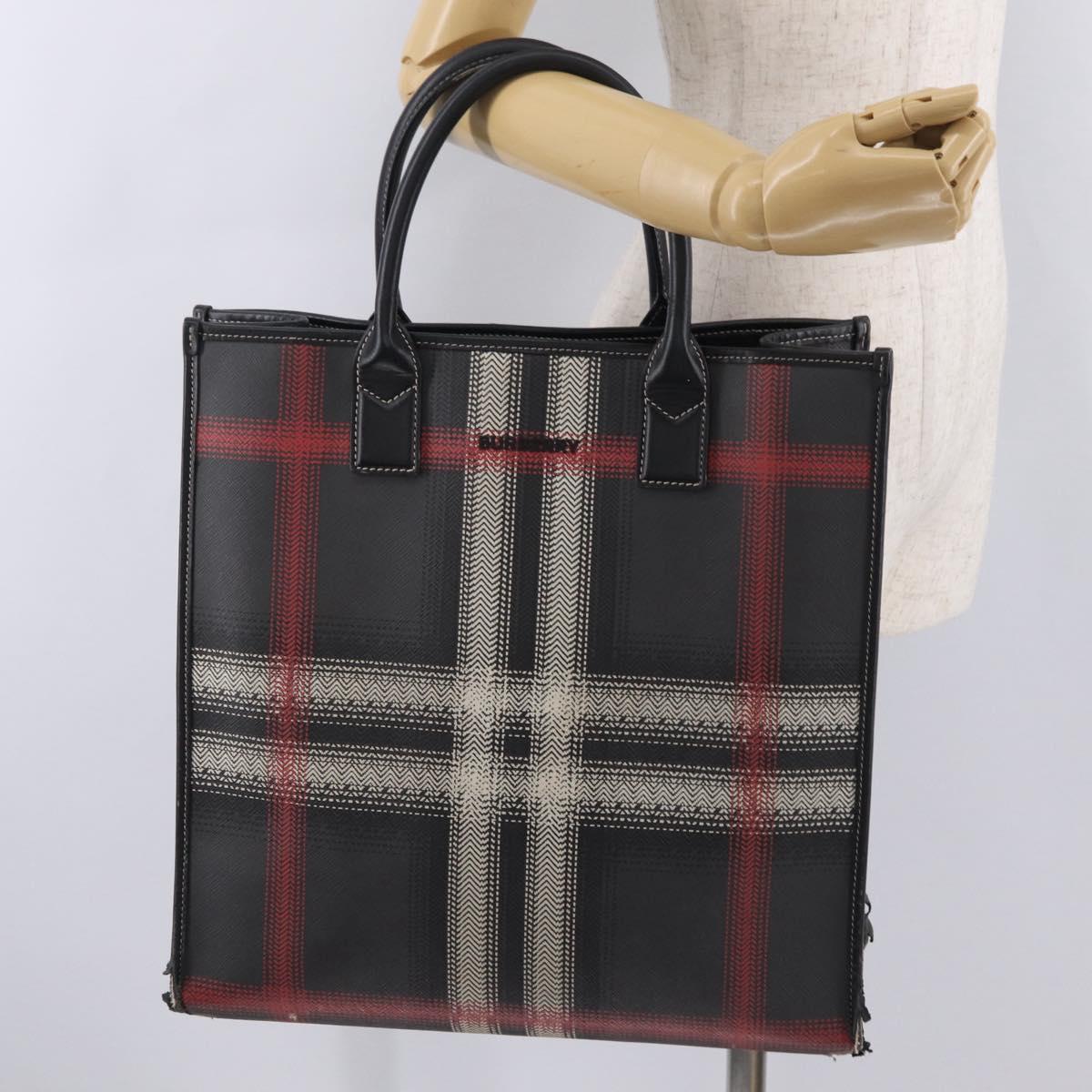 BURBERRY Nova Check Hand Bag PVC Leather Black Red Auth 205962