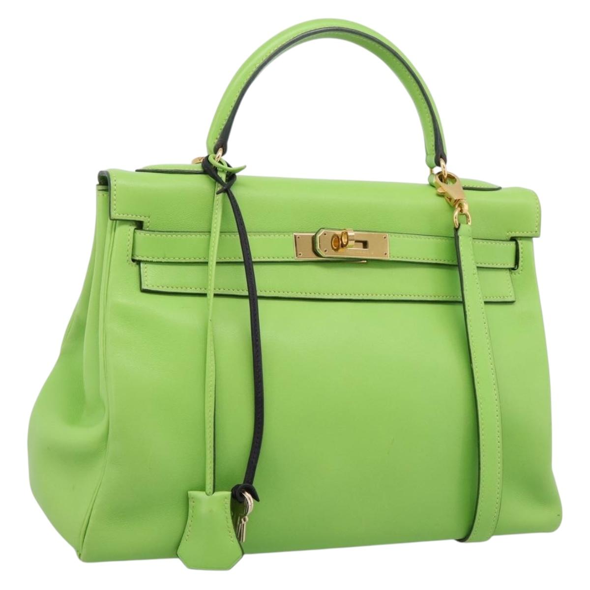 HERMES Kelly 32 Hand Bag Leather 2way Green Gold Auth 205964SM