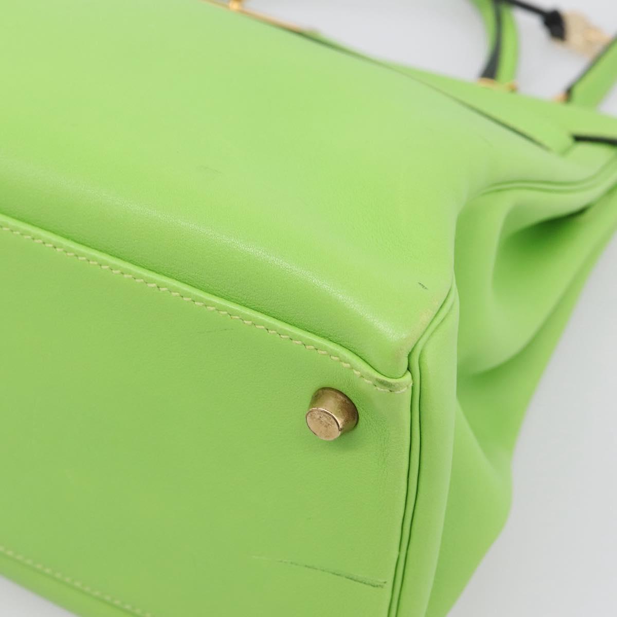 HERMES Kelly 32 Hand Bag Leather 2way Green Gold Auth 205964SM