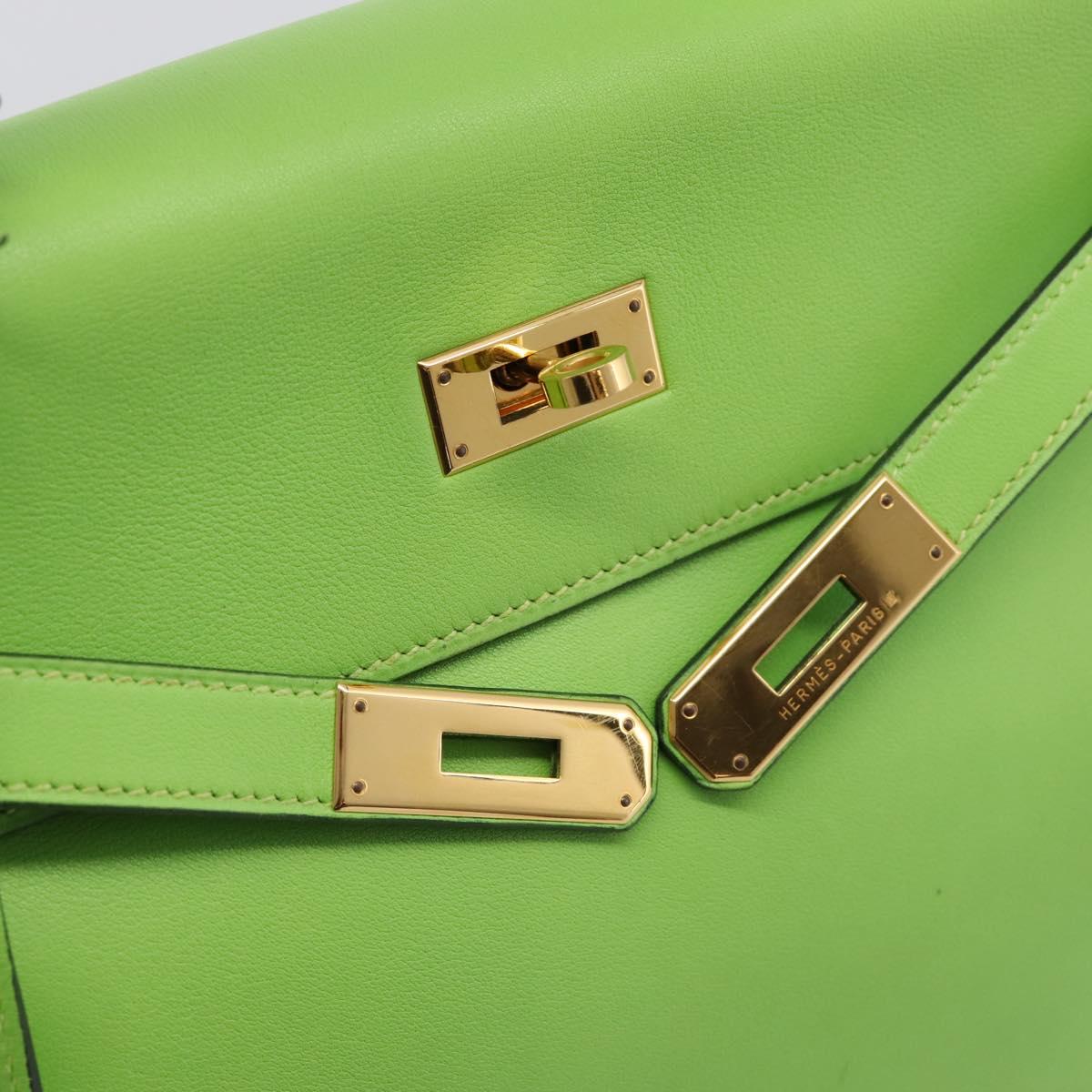 HERMES Kelly 32 Hand Bag Leather 2way Green Gold Auth 205964SM