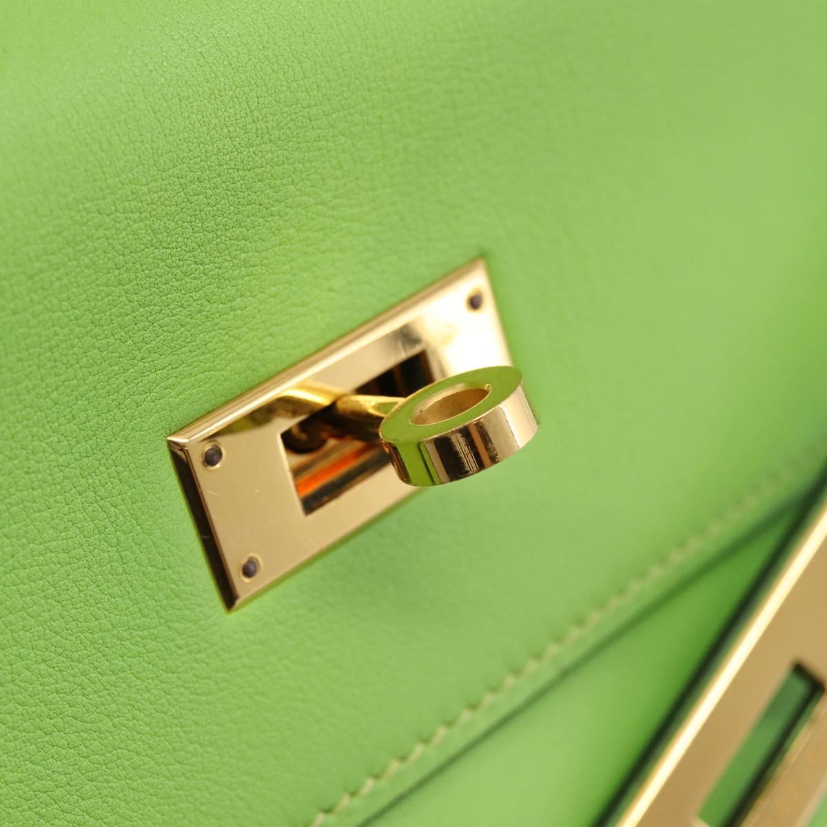 HERMES Kelly 32 Hand Bag Leather 2way Green Gold Auth 205964SM