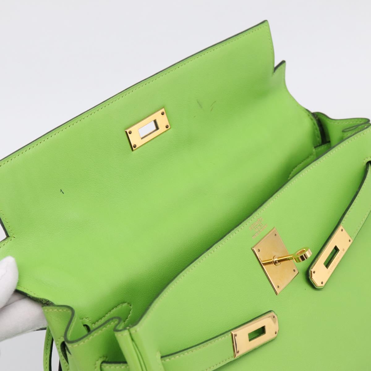 HERMES Kelly 32 Hand Bag Leather 2way Green Gold Auth 205964SM
