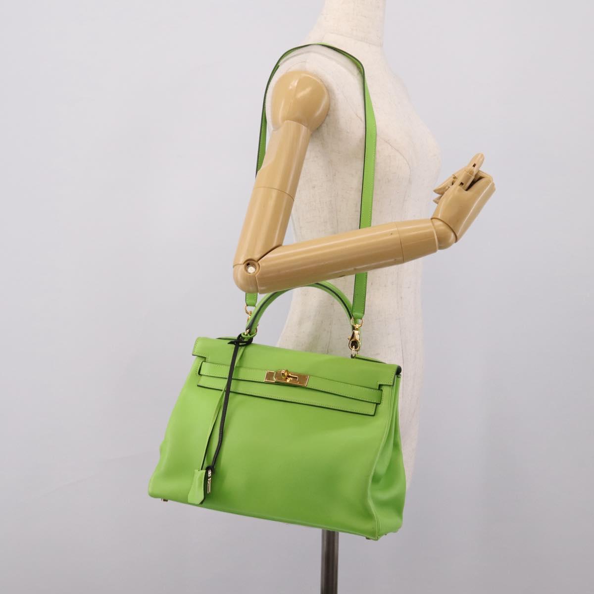 HERMES Kelly 32 Hand Bag Leather 2way Green Gold Auth 205964SM