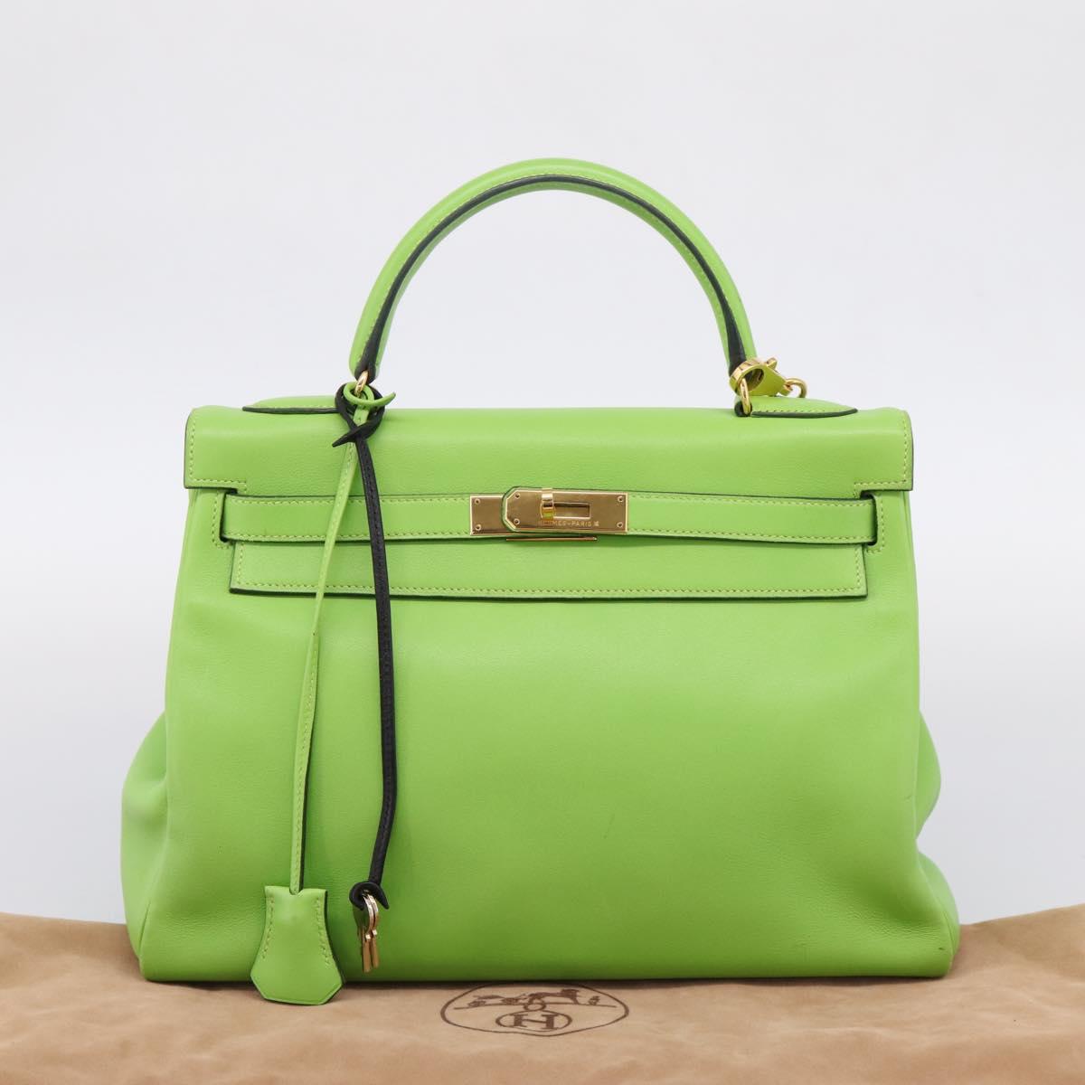 HERMES Kelly 32 Hand Bag Leather 2way Green Gold Auth 205964SM