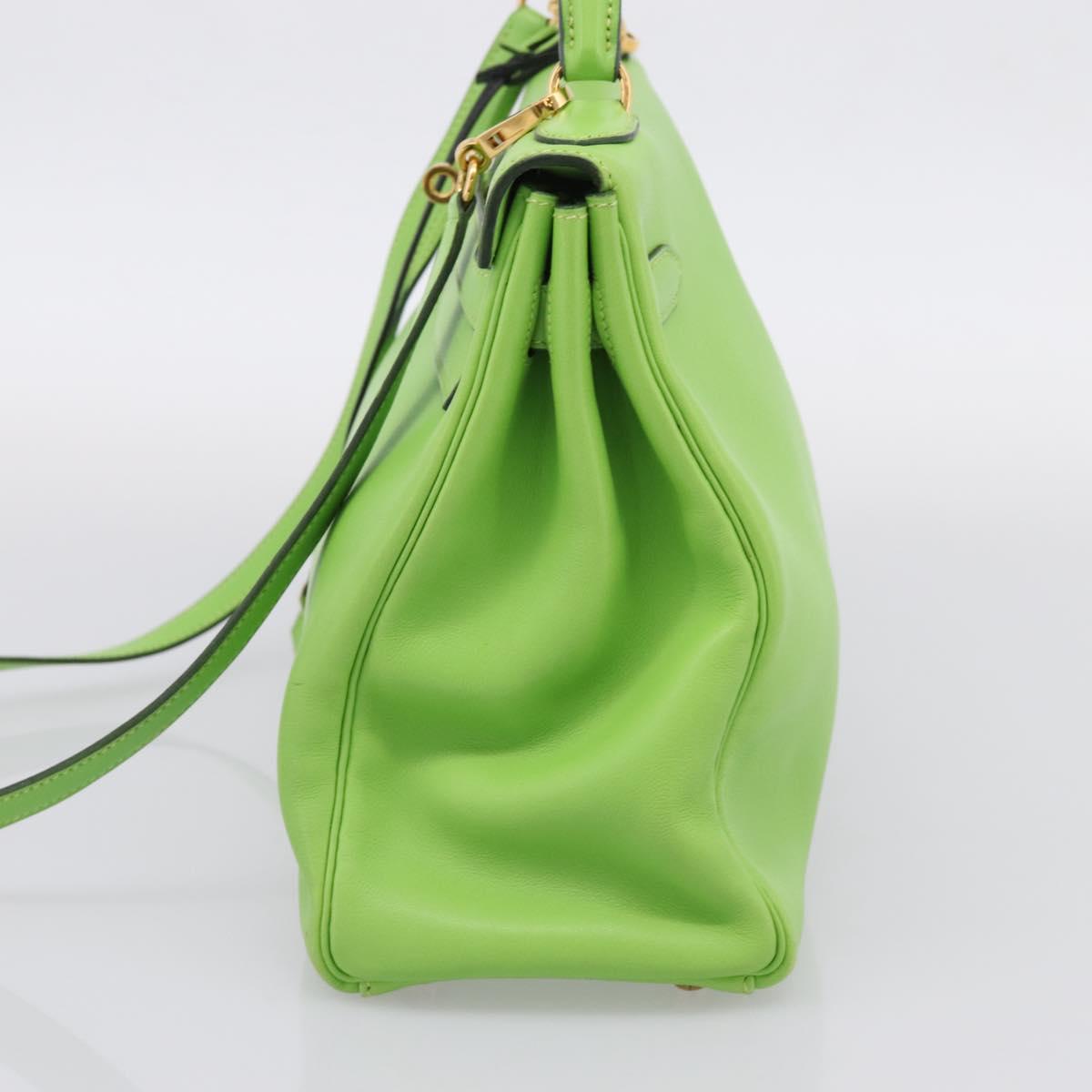 HERMES Kelly 32 Hand Bag Leather 2way Green Gold Auth 205964SM