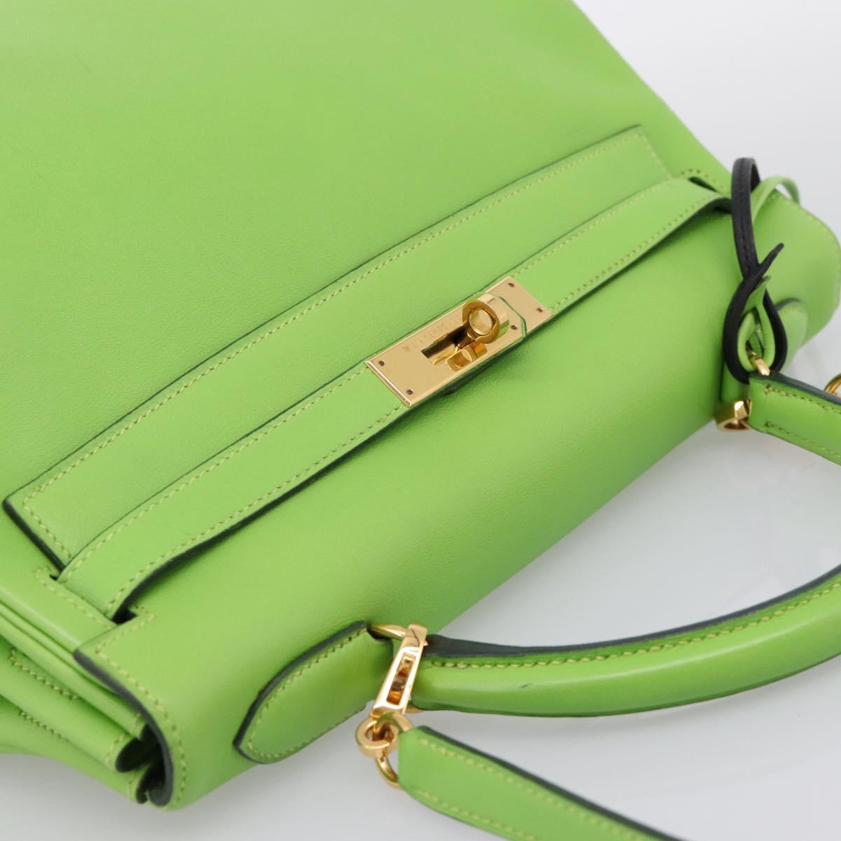 HERMES Kelly 32 Hand Bag Leather 2way Green Gold Auth 205964SM