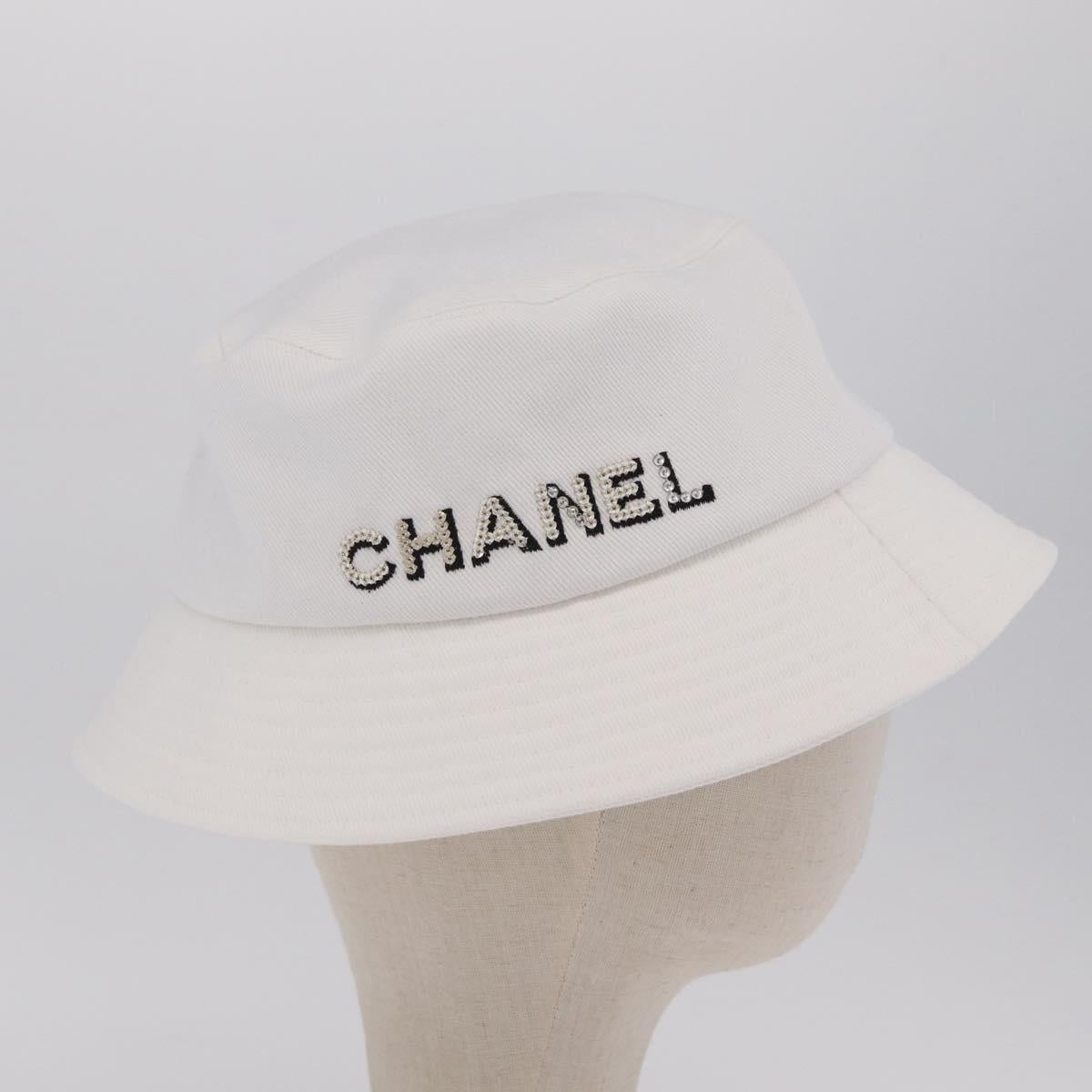 CHANEL Hat Canvas M White CC Auth 205982M