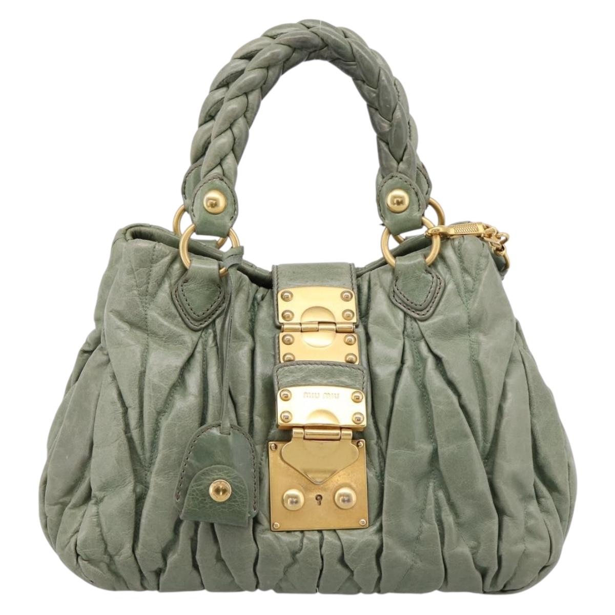 Miu Miu Matelasse Hand Bag Vitellolux 2way Green Gold Auth 205987A