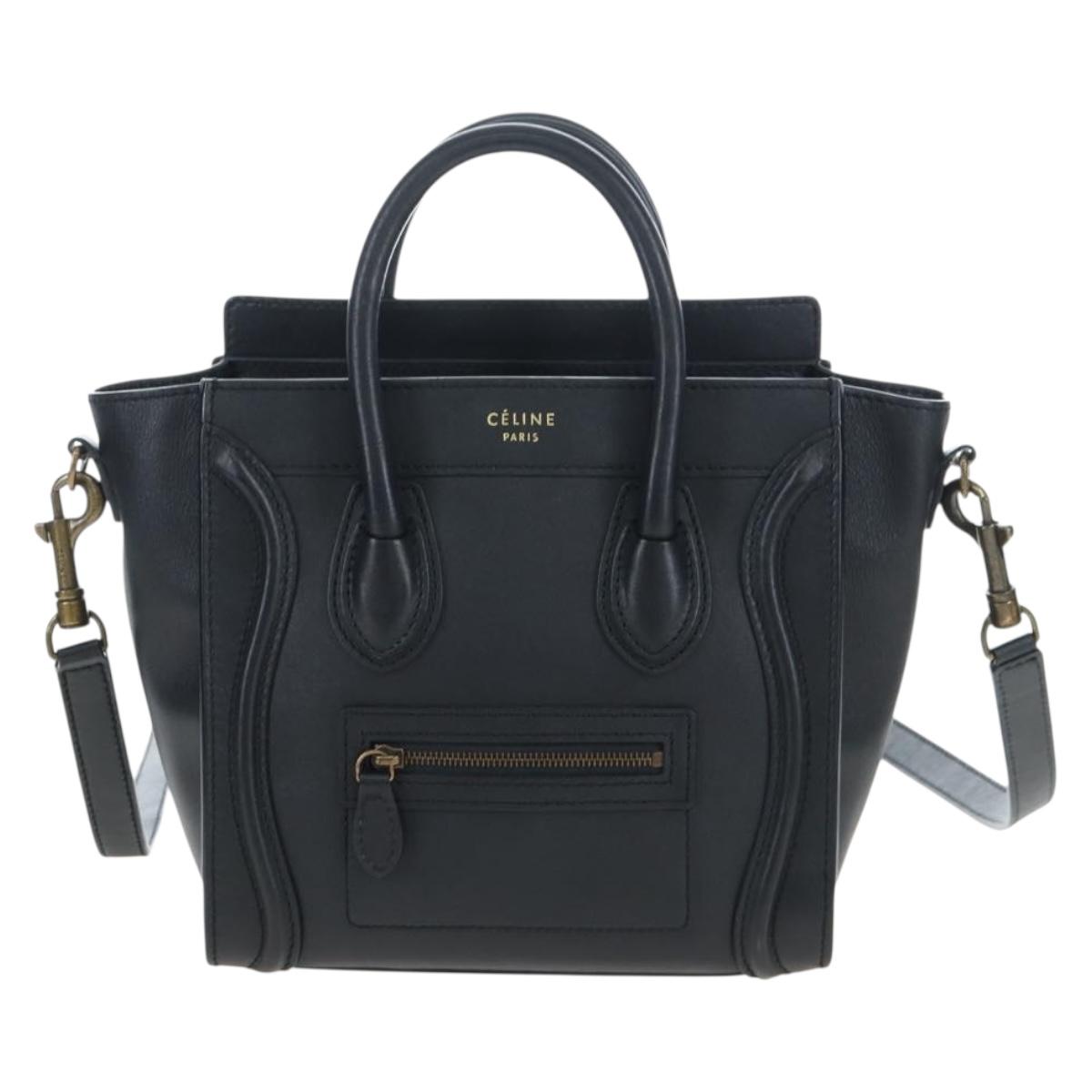 CELINE Luggage Micro Shopper Hand Bag Leather 2way Black Gold Auth 205995V