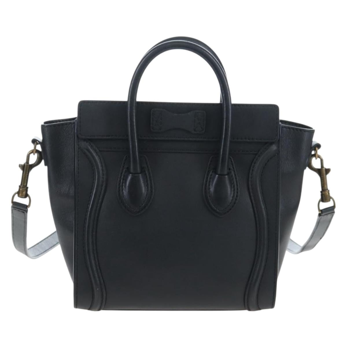 CELINE Luggage Micro Shopper Hand Bag Leather 2way Black Gold Auth 205995V