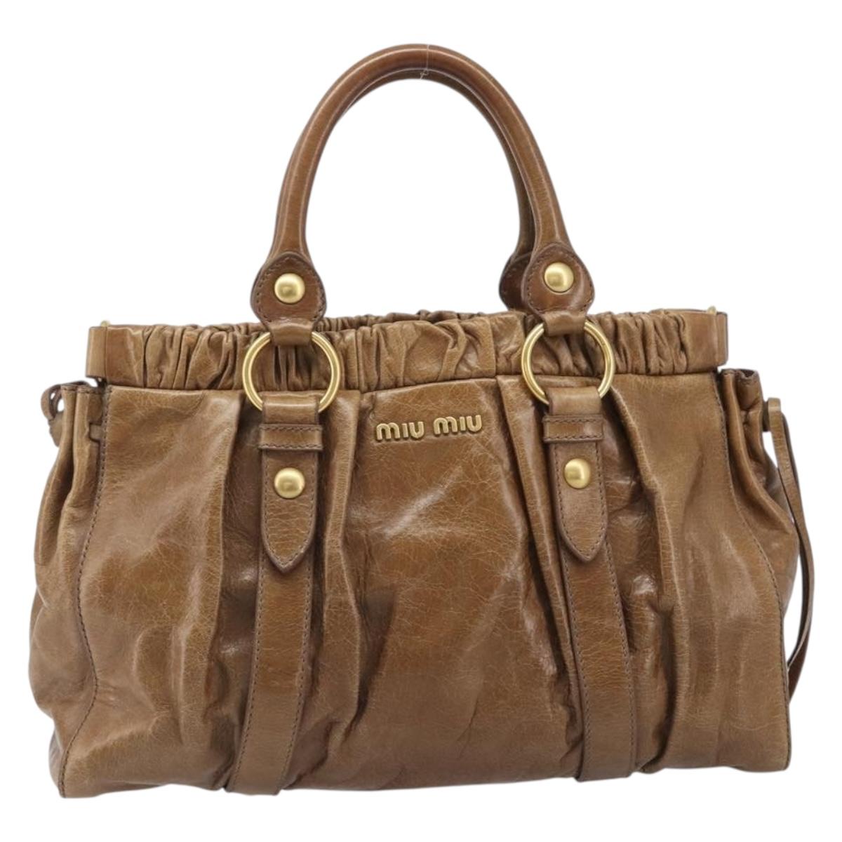 Miu Miu Hand Bag Vitellolux Brown Gold Auth 206002V