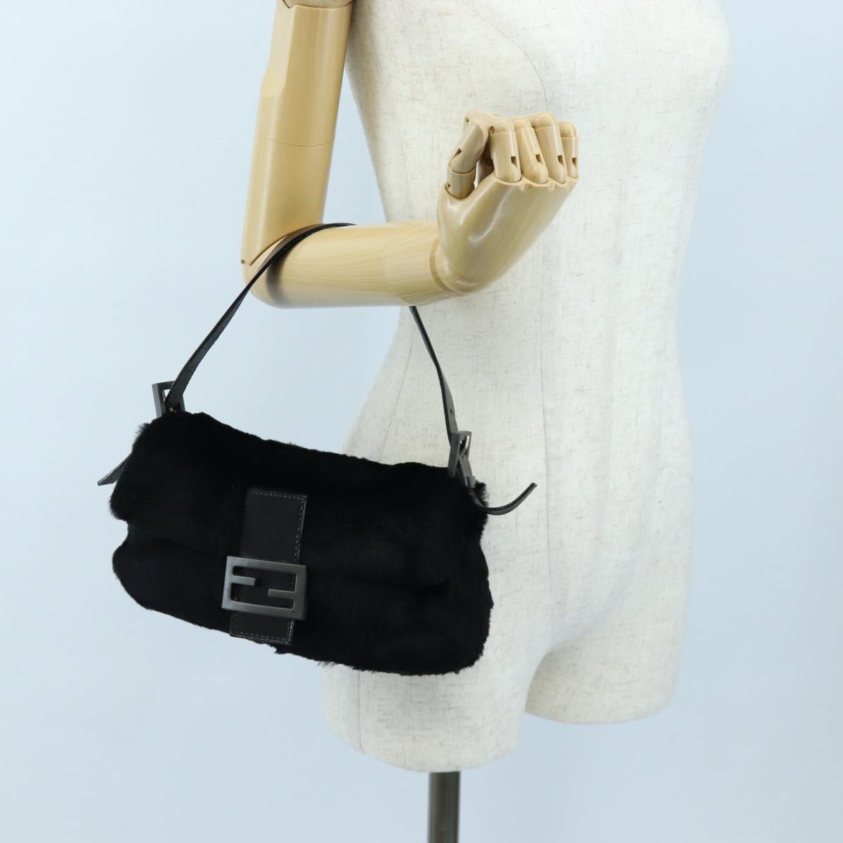 FENDI Mamma Baguette Shoulder Bag Fur Black Auth 206008SAM
