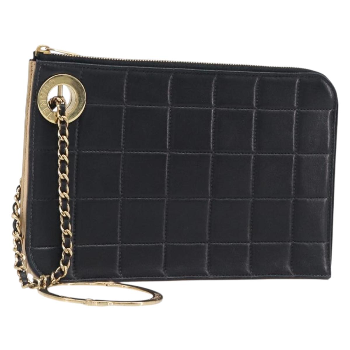 CHANEL Choco Bar Clutch Bag Lamb Skin Black Gold CC Auth 206033V