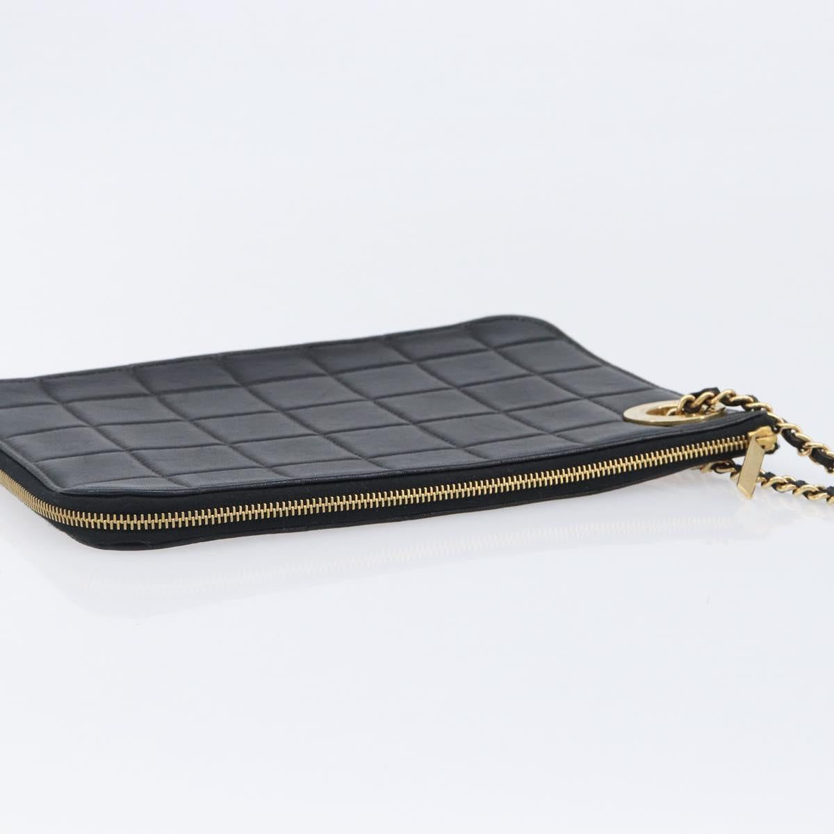 CHANEL Choco Bar Clutch Bag Lamb Skin Black Gold CC Auth 206033V