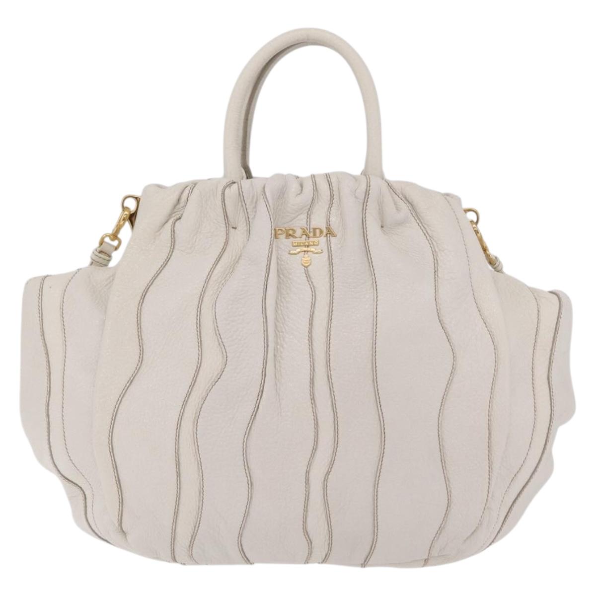 PRADA Hand Bag Leather 2way White Gold Auth 206042V
