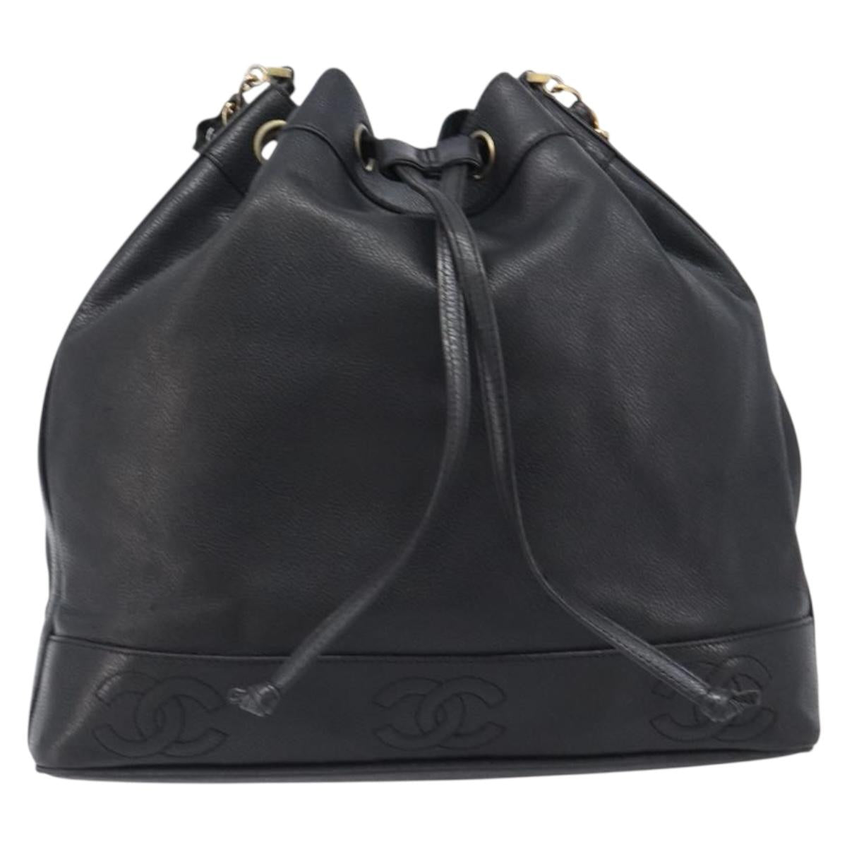 CHANEL Triple COCO Mark Shoulder Bag Caviar Skin Black Gold CC Auth 206050V