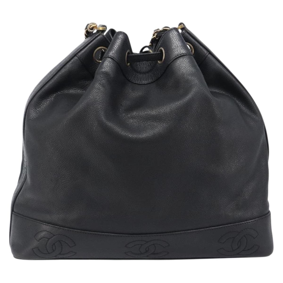 CHANEL Triple COCO Mark Shoulder Bag Caviar Skin Black Gold CC Auth 206050V