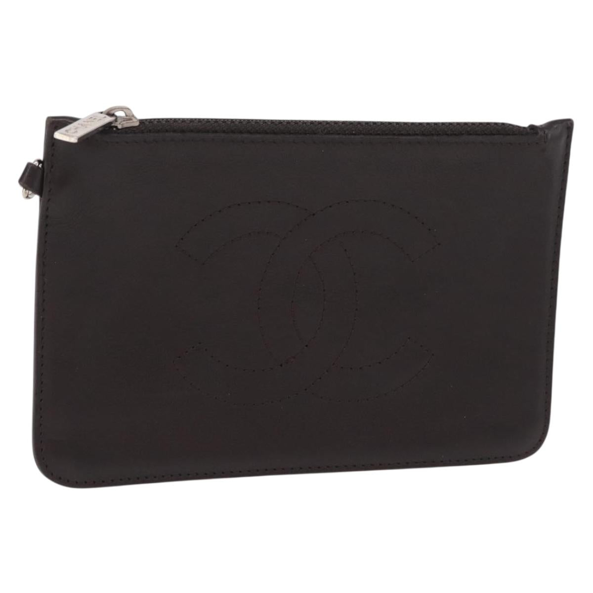 CHANEL COCO Mark Pouch Leather Brown Silver CC Auth 206091A