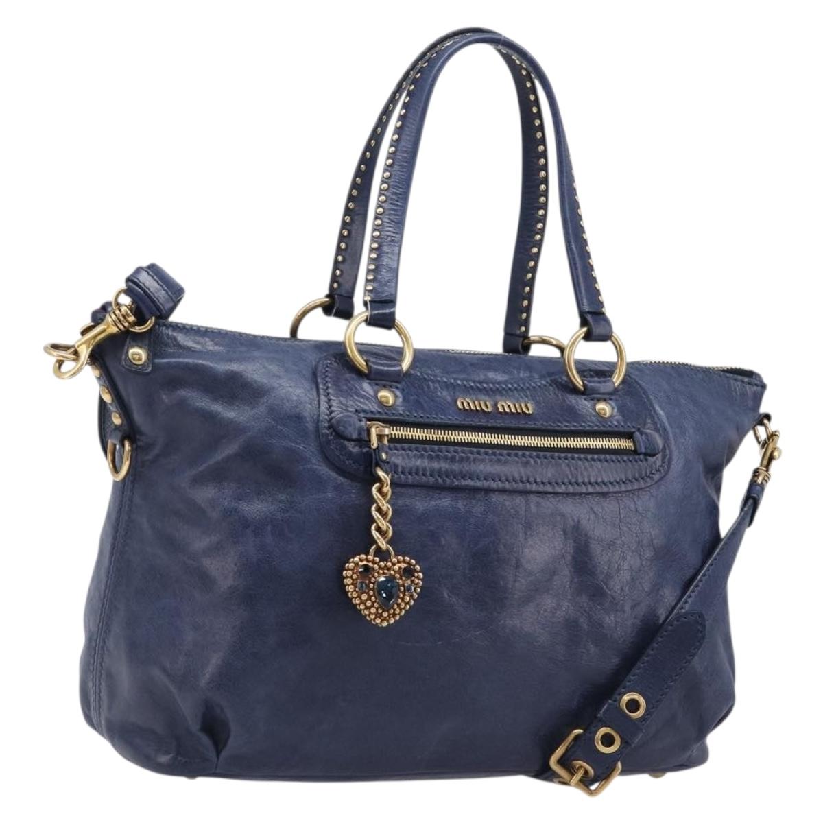 Miu Miu Hand Bag Vitellolux 2way Navy Gold Auth 206095M
