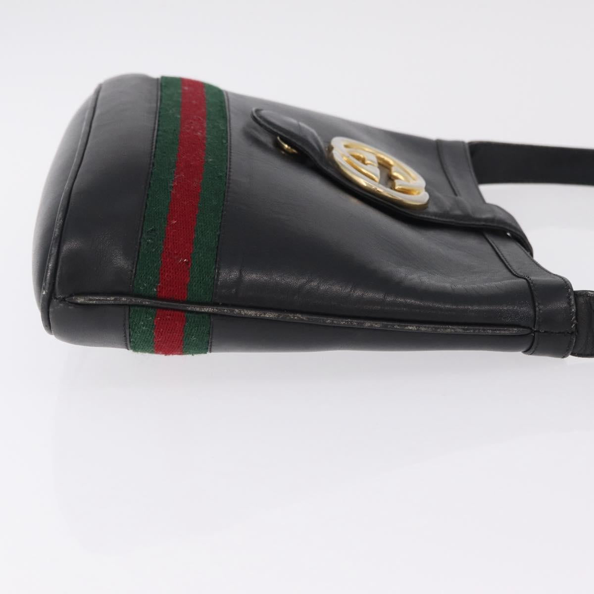 GUCCI Web Sherry Line Shoulder Bag Leather Black Gold Auth 206101