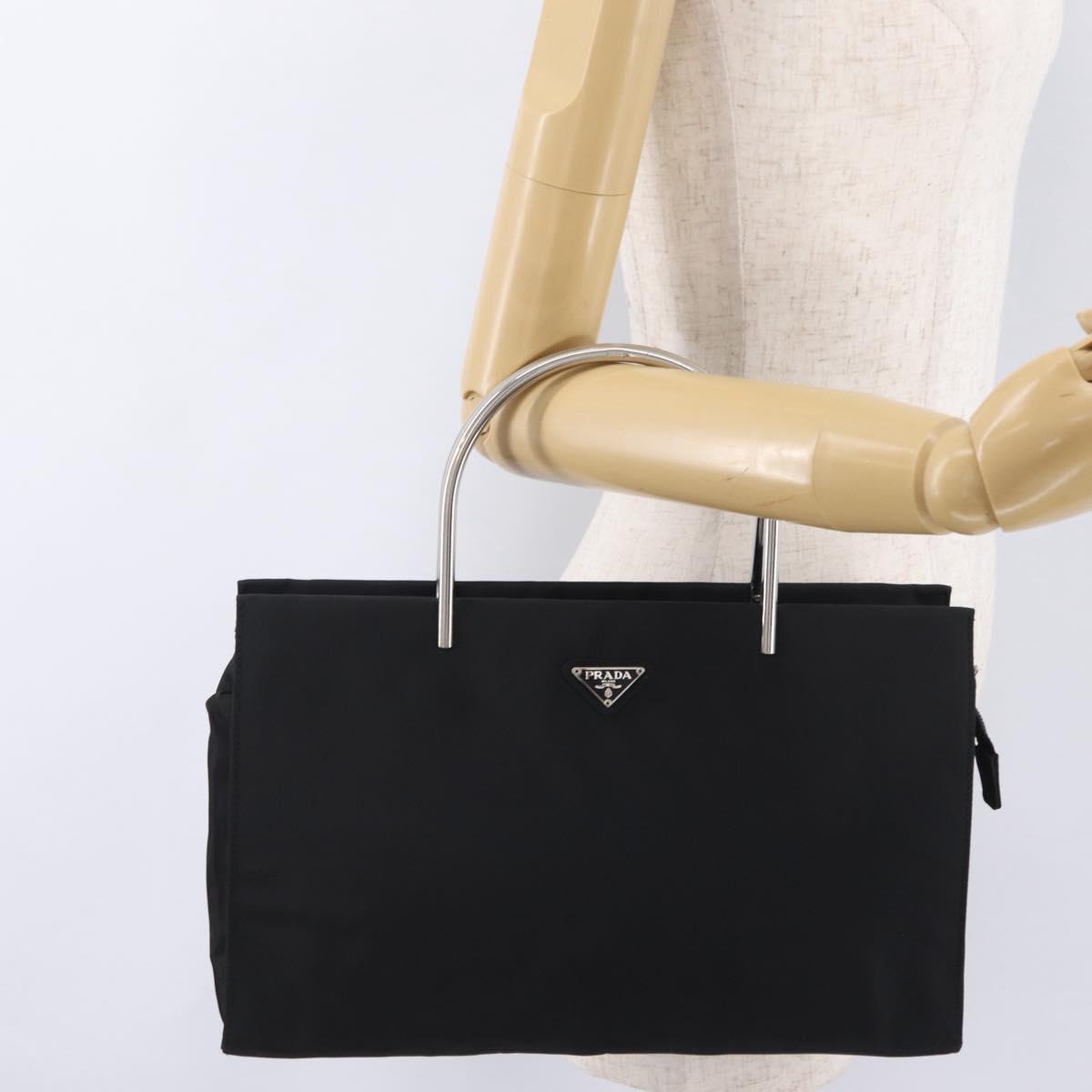 PRADA Metal Handle Hand Bag Nylon Black Silver Auth 206110A