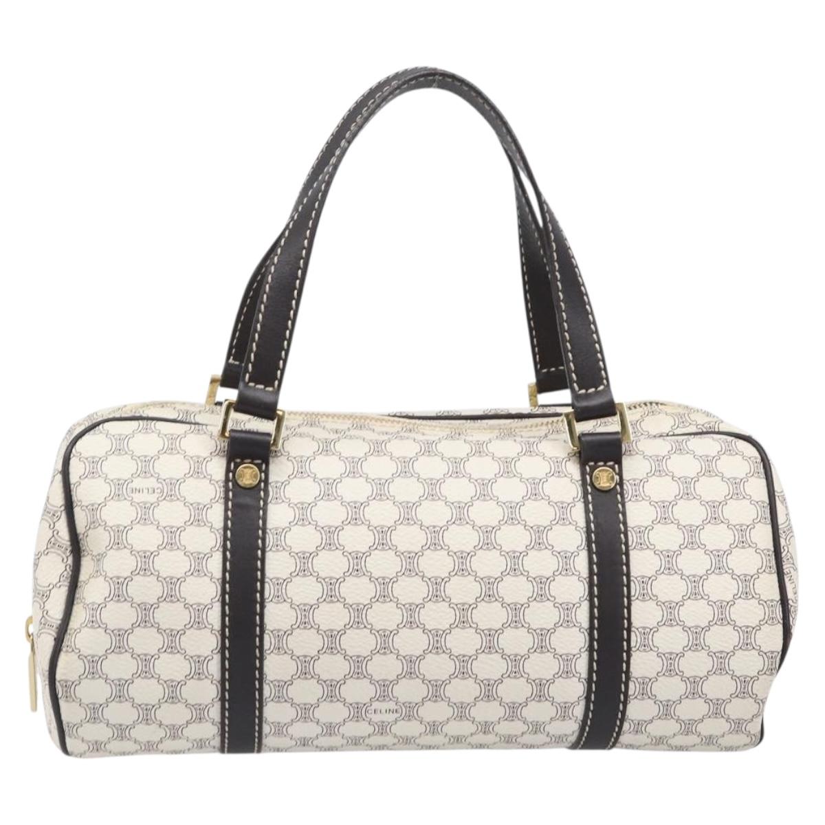 CELINE Macadam Canvas Boston Bag PVC Leather White Gold Auth 206111V