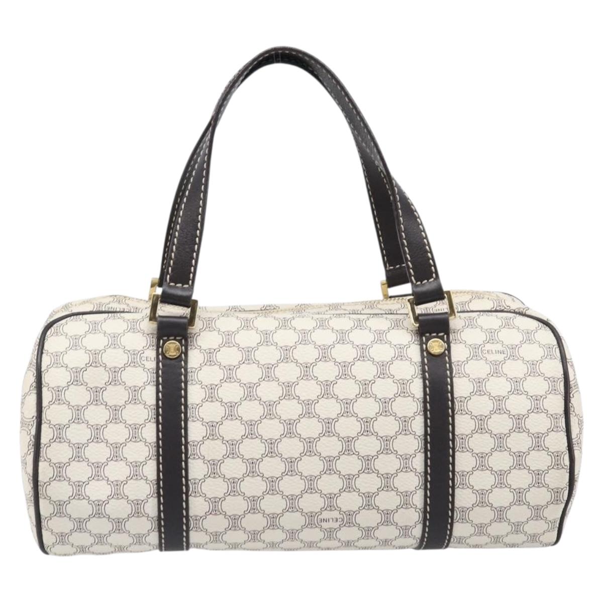 CELINE Macadam Canvas Boston Bag PVC Leather White Gold Auth 206111V