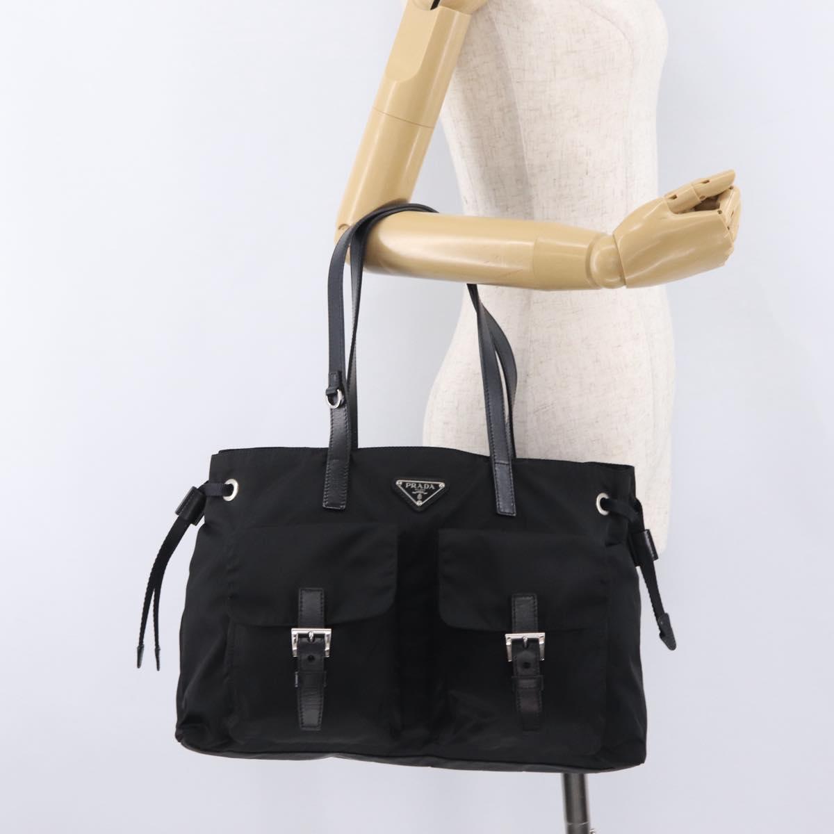 PRADA Tote Bag Nylon Black Silver Auth 206115V