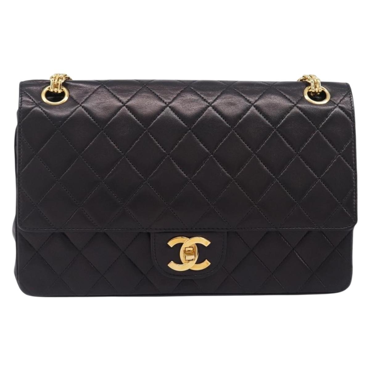 CHANEL Matelasse Chain Shoulder Bag Lamb Skin Vintage Black Gold CC Auth 206116V