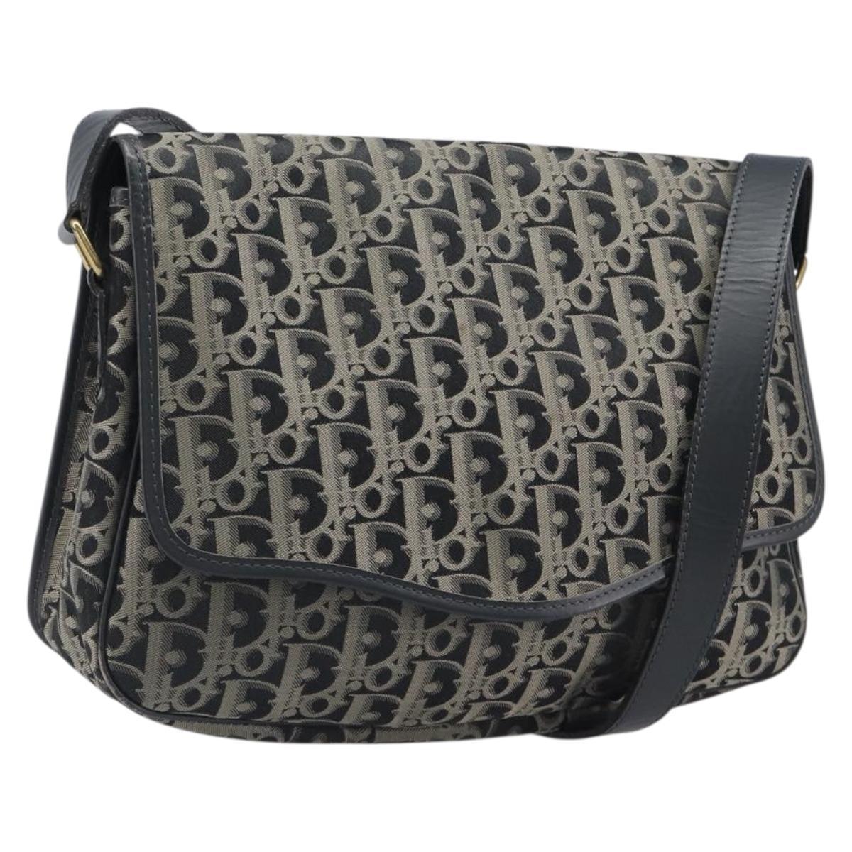 Christian Dior Trotter Canvas Shoulder Bag Black Gold Auth 206120V
