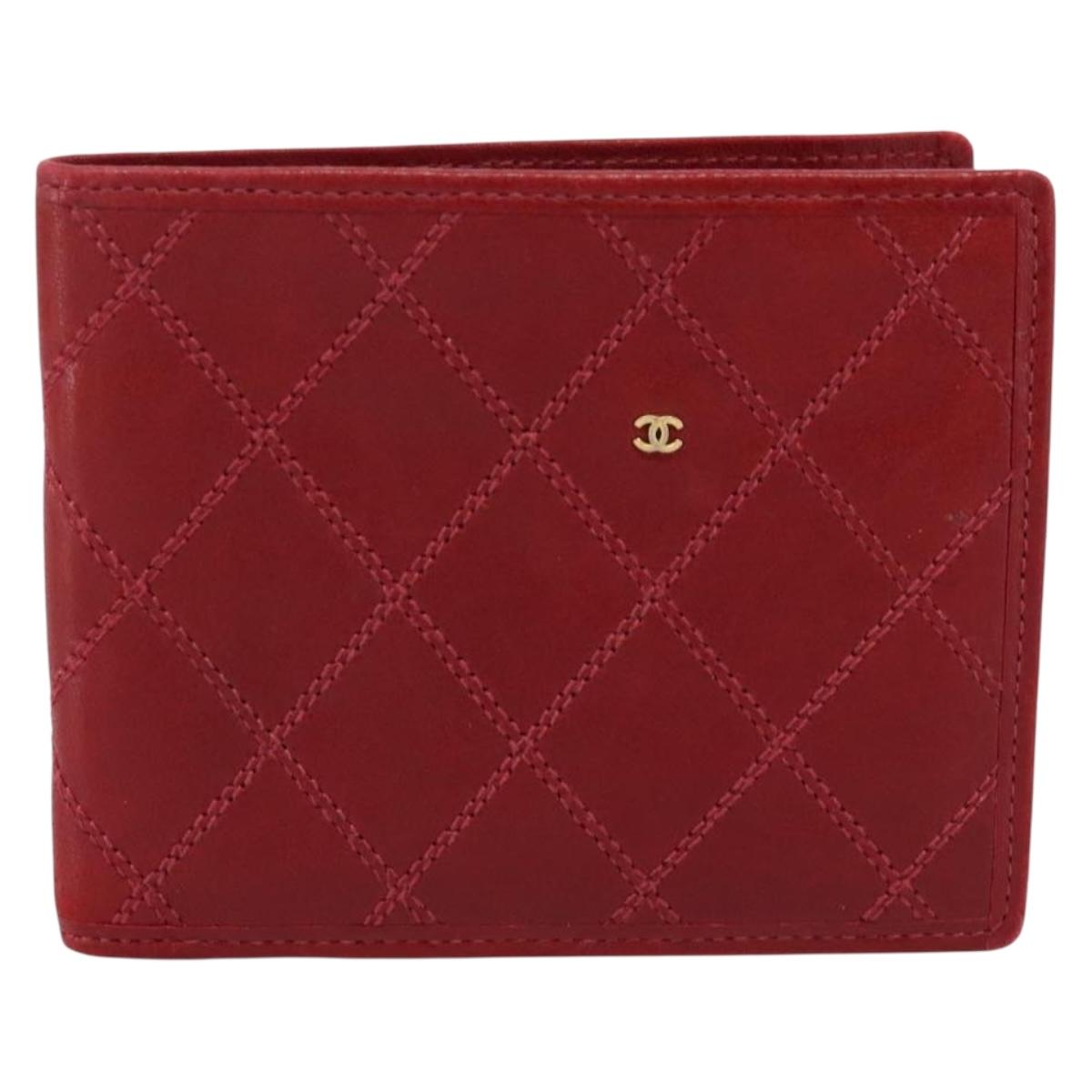 CHANEL Bicolore Compact Wallet Lamb Skin Red CC Auth 206142V