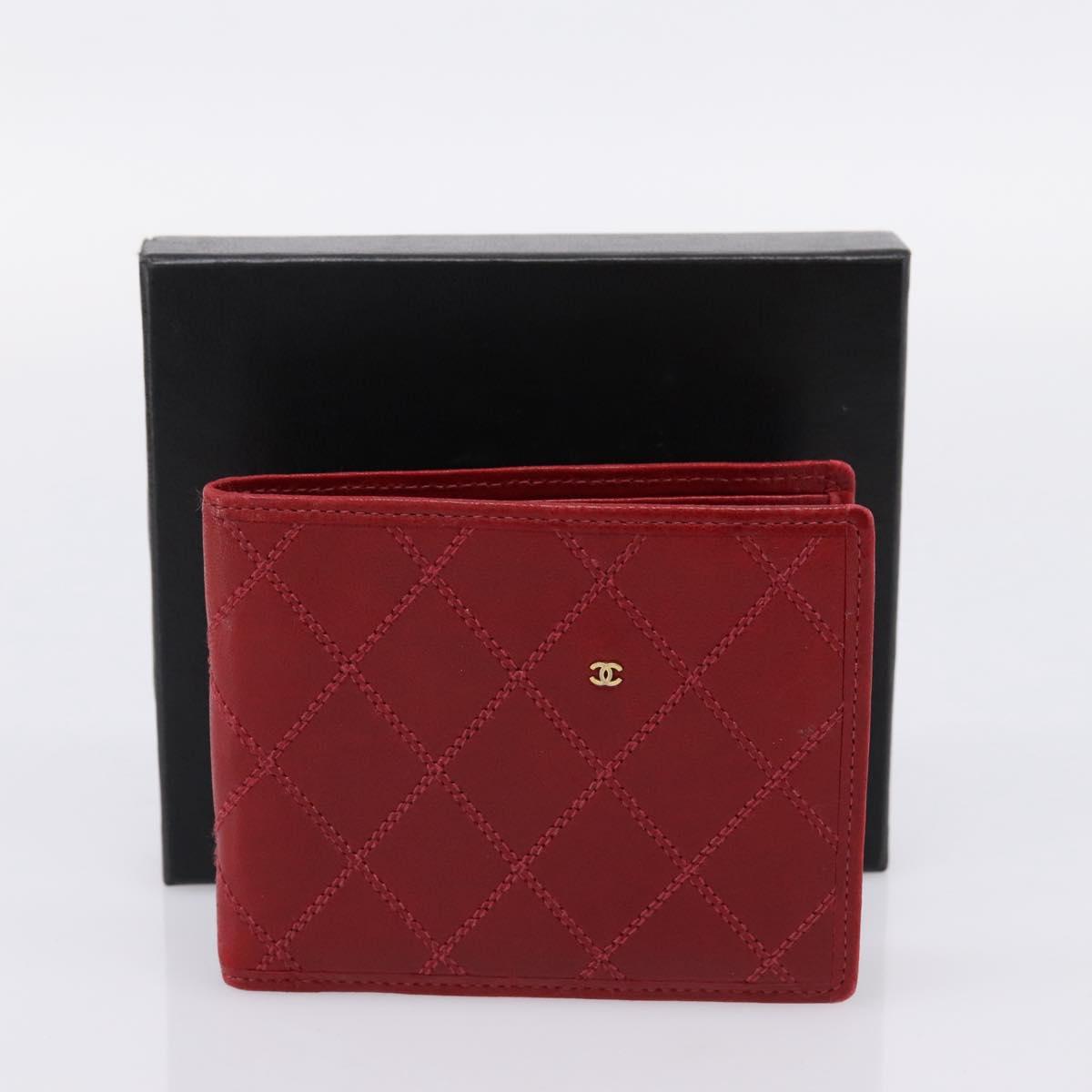 CHANEL Bicolore Compact Wallet Lamb Skin Red CC Auth 206142V