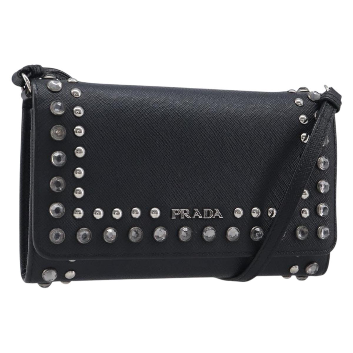 PRADA Shoulder Wallet Safiano leather Black Silver Auth 206147V