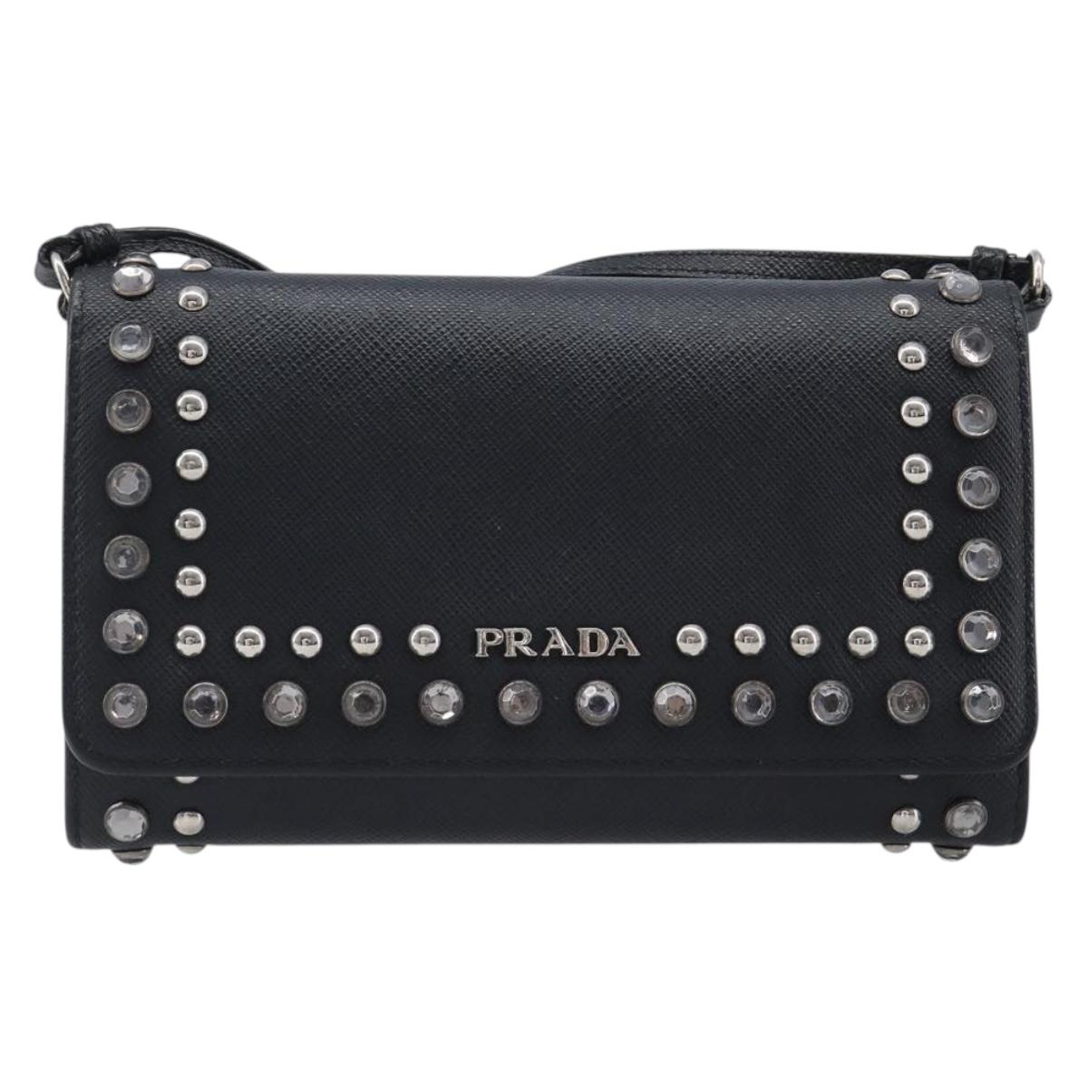 PRADA Shoulder Wallet Safiano leather Black Silver Auth 206147V