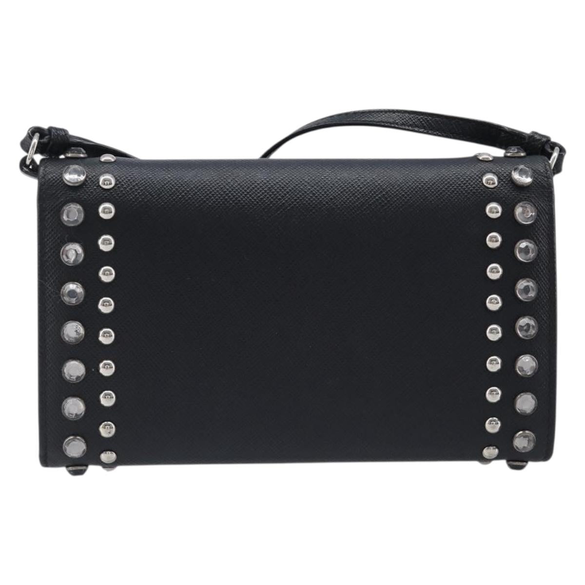 PRADA Shoulder Wallet Safiano leather Black Silver Auth 206147V