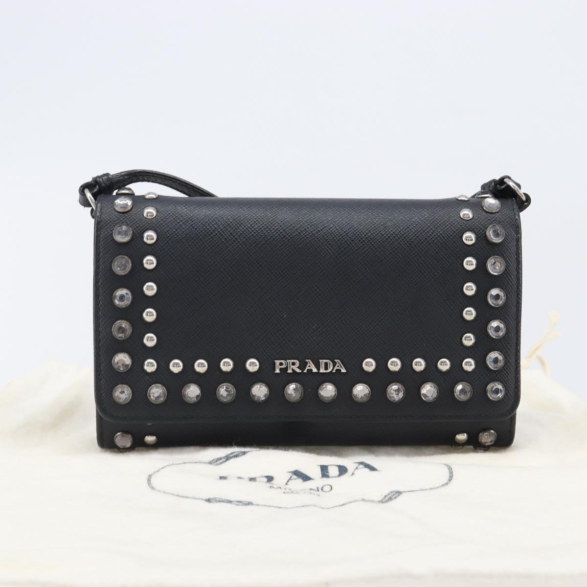 PRADA Shoulder Wallet Safiano leather Black Silver Auth 206147V