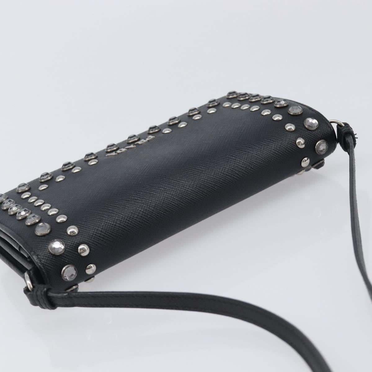 PRADA Shoulder Wallet Safiano leather Black Silver Auth 206147V