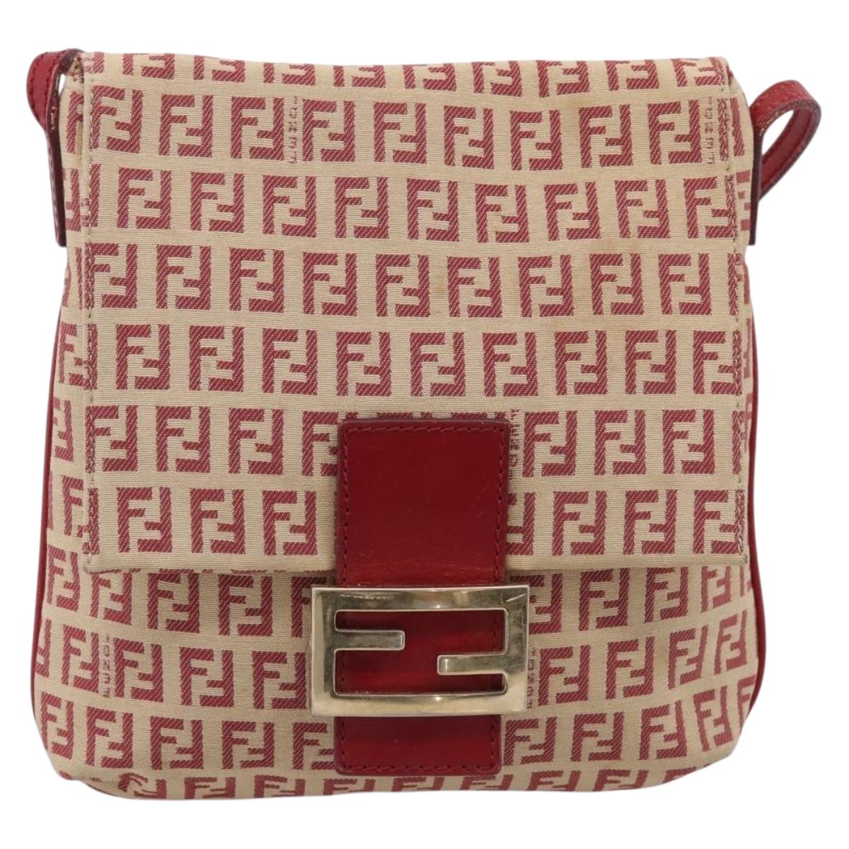 FENDI Zucchino Canvas Mamma Baguette Shoulder Bag Red Gold 8BT075 Auth 206235