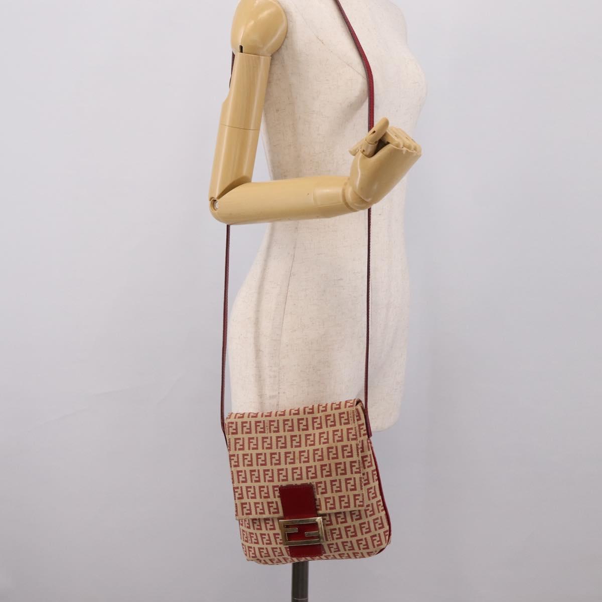 FENDI Zucchino Canvas Mamma Baguette Shoulder Bag Red Gold 8BT075 Auth 206235