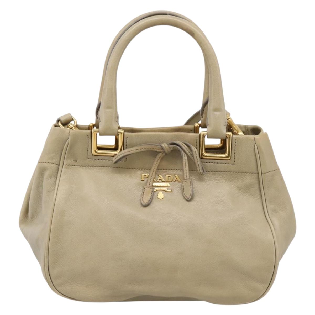 PRADA Hand Bag Leather 2way Beige Gold Auth 206241A