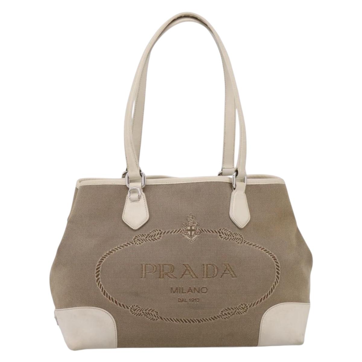 PRADA Tote Bag Canvas Jacquard Beige Silver Auth 206242A