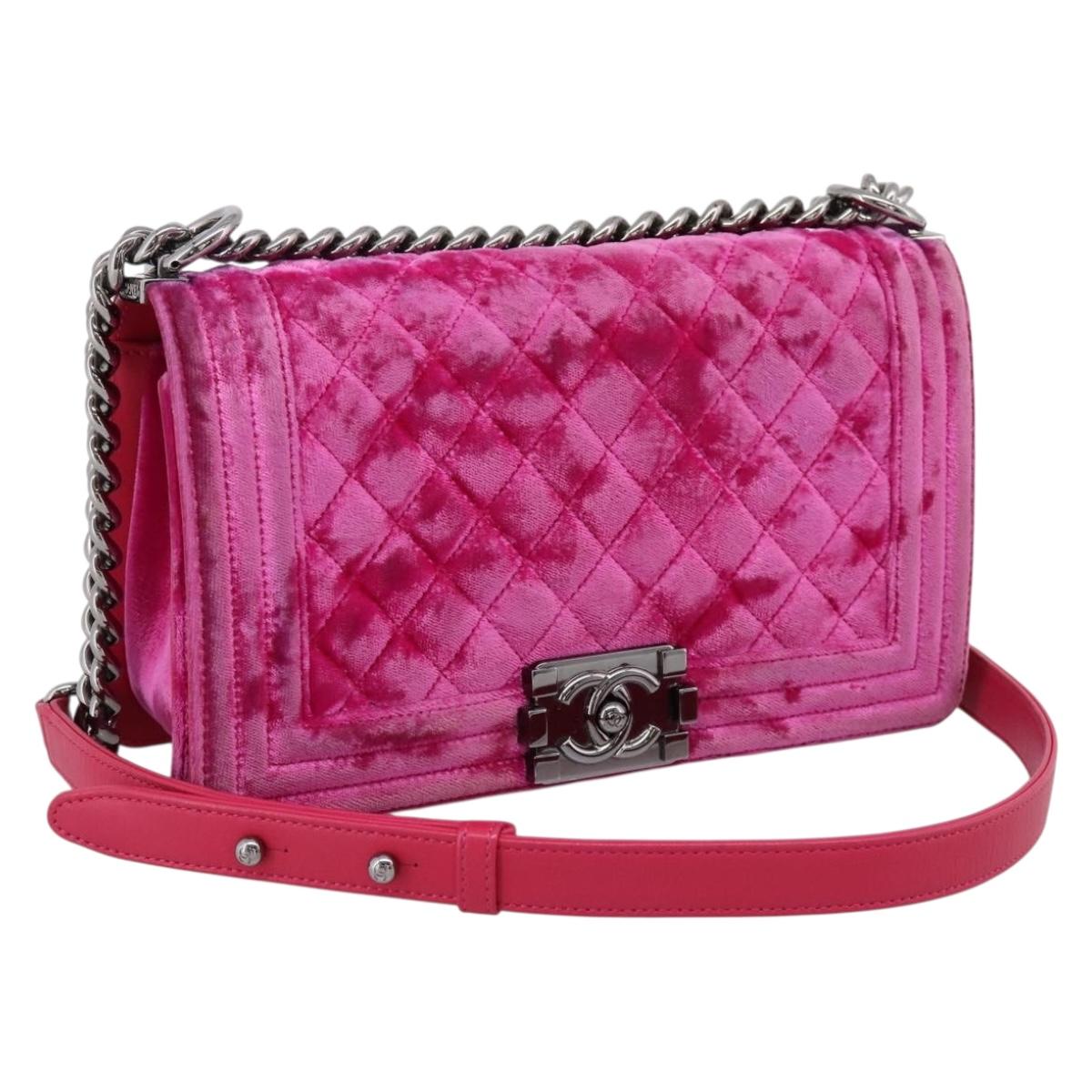 CHANEL Matelasse Boy Chanel Chain Shoulder Bag Velor Pink Silver CC Auth 206259M