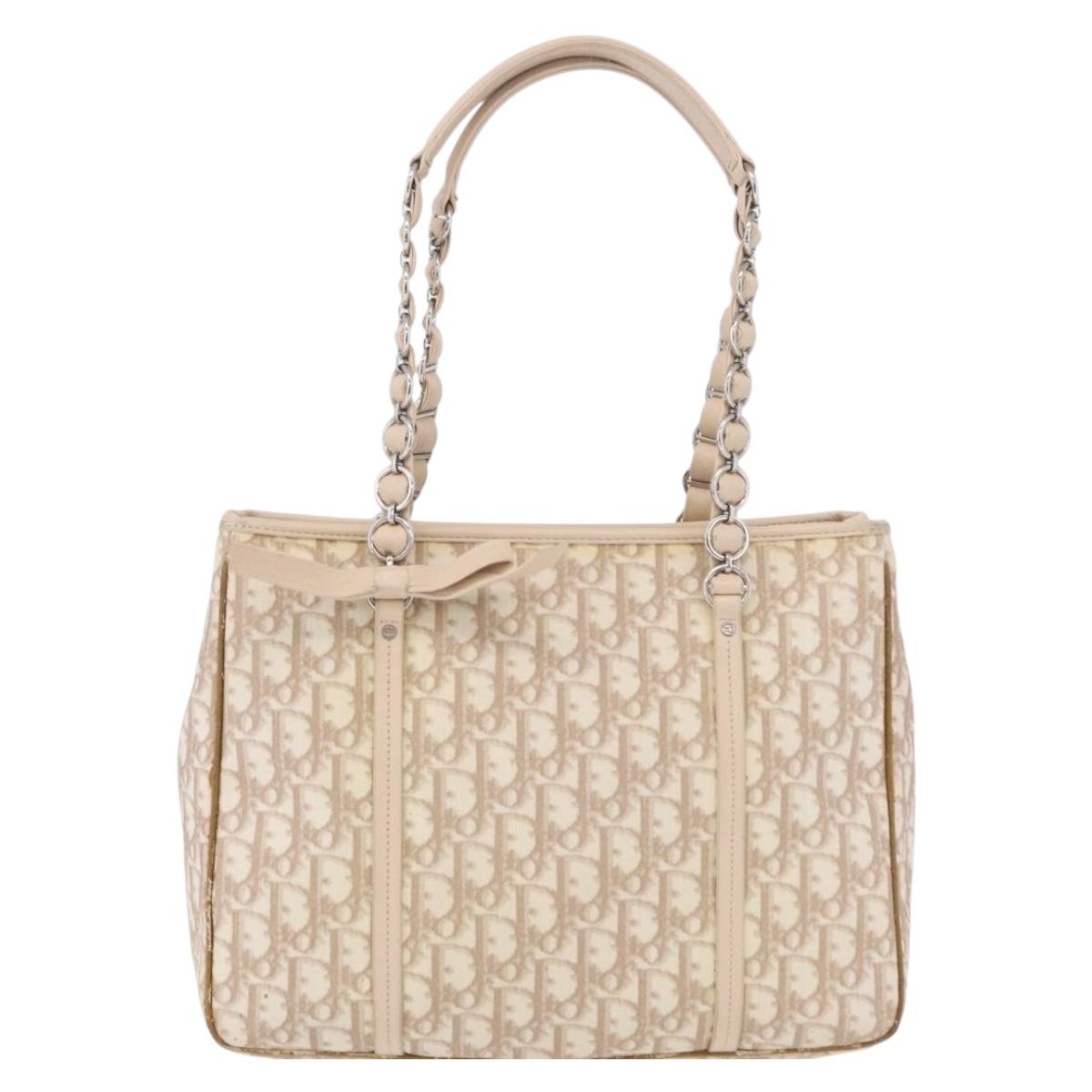 Christian Dior Trotter Canvas Chain Tote Bag PVC Ivory Silver Auth 206261A